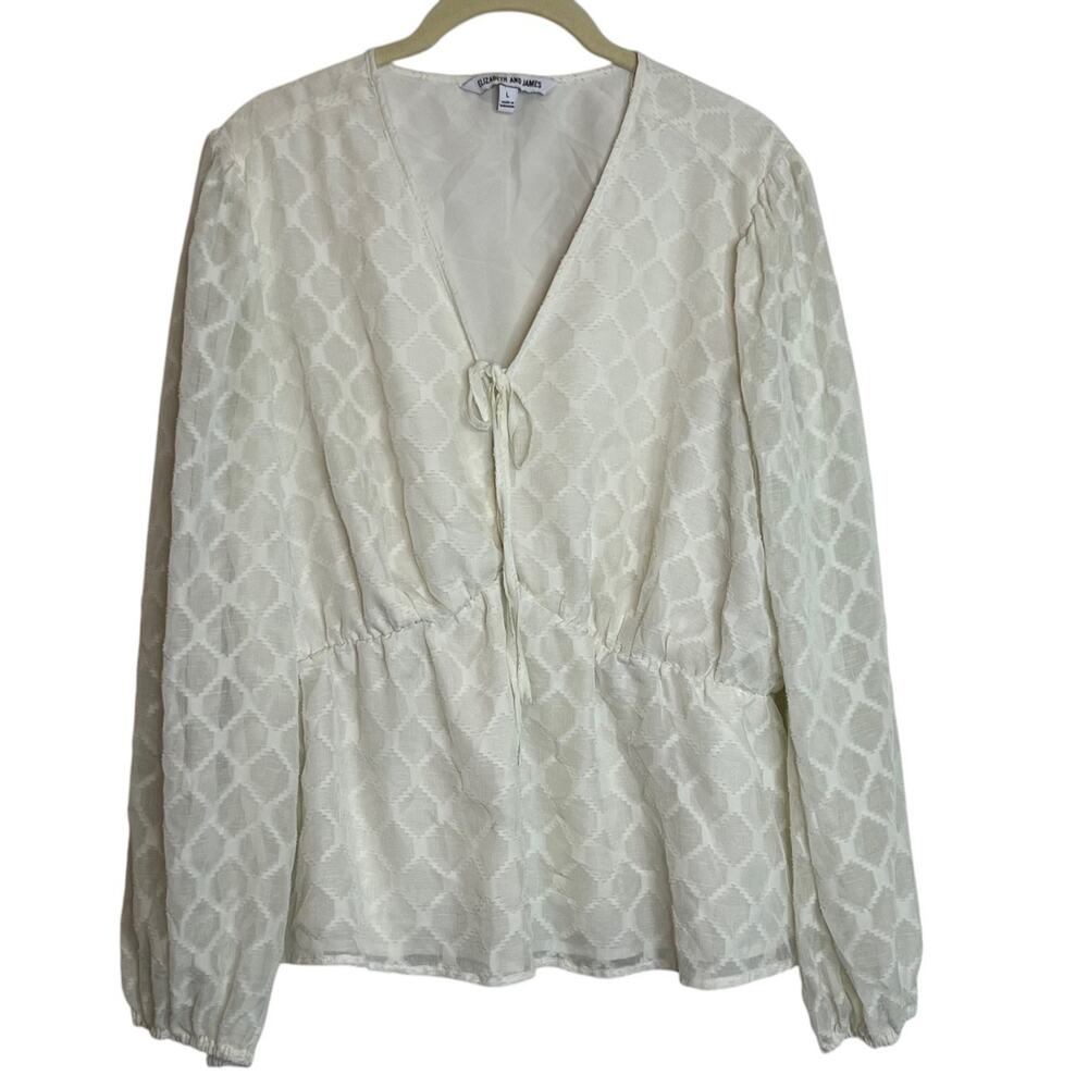 Elizabeth and James Blouse Large White Peplum Long Sleeve Ties at Neck Feminine